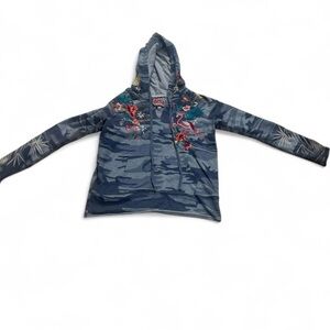 Johnny Was  camo hoodie with pink flamingo and floral embroidery